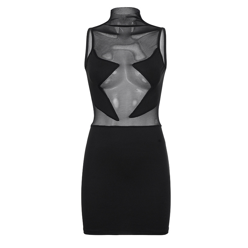 Mesh Panel Semi high Neck Tight Sleeveless Dress Black - Shop at LoveMi