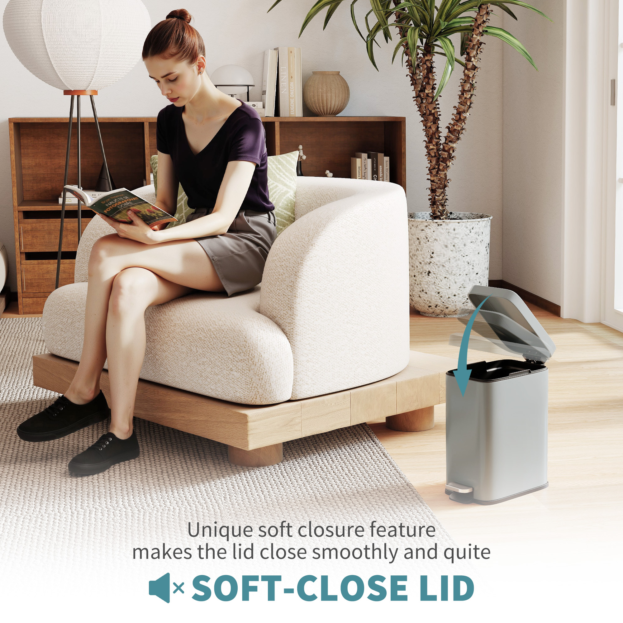 5-liter Rectangular Compact Garbage Bin, Steel Body, Detachable Silent — image 3