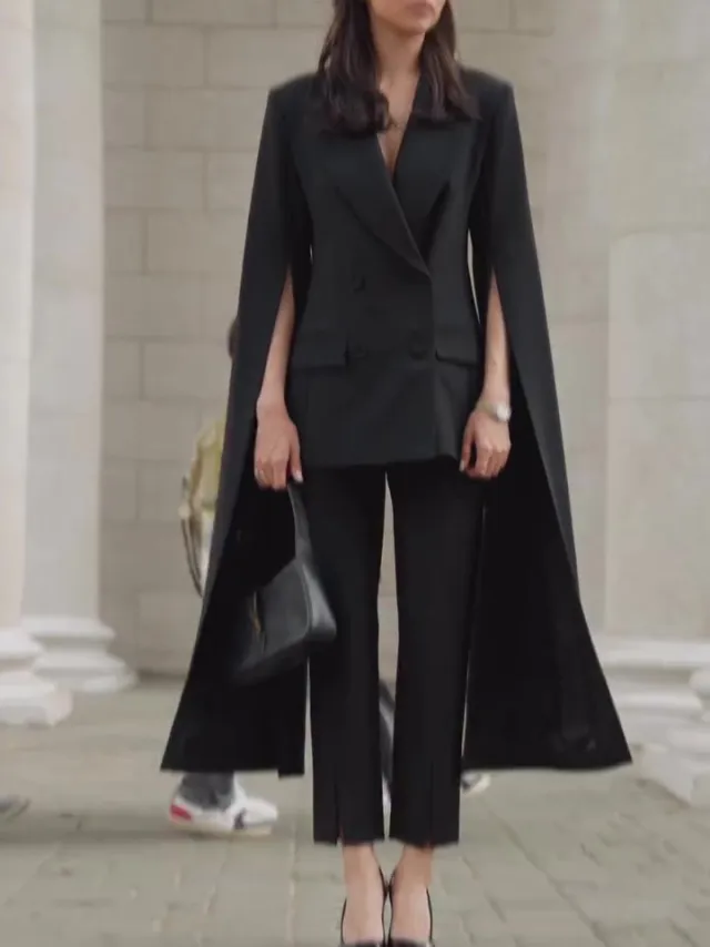 Black Cape Blazer Suit With Cropped Pants Set Black - Shop at LoveMi