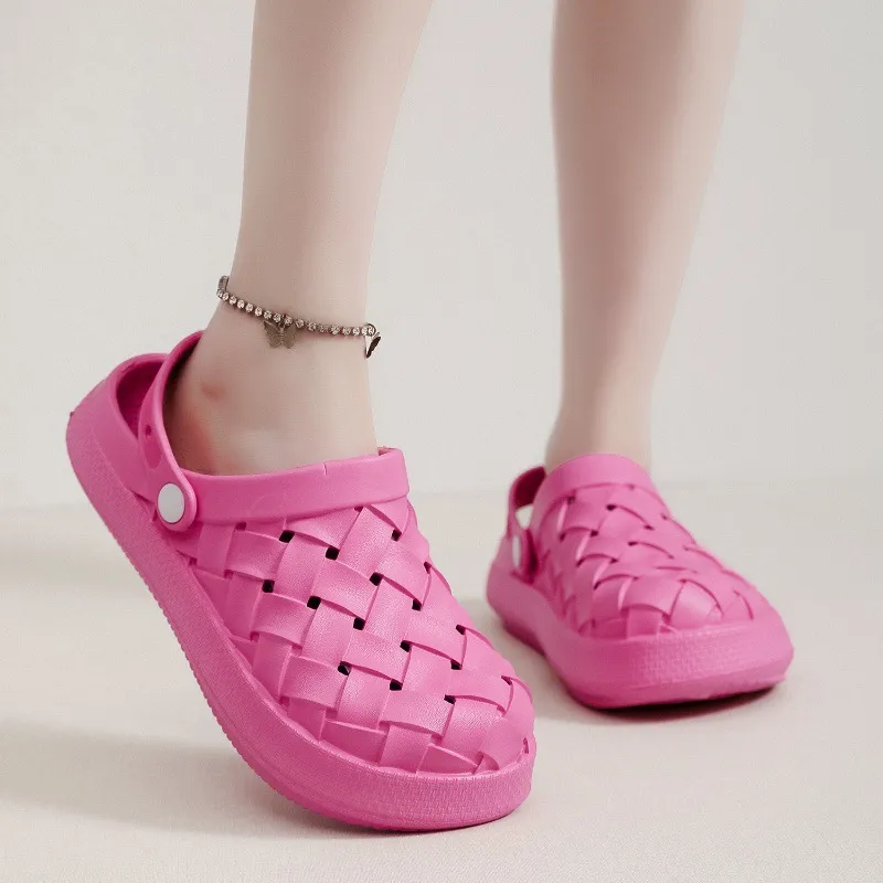 Cross-woven Clogs Shoes Summer Platform Baotou Dual-use Slippers Outdoor Garden Indoor Floor Bathroom Cozy Slipper Women House Shoes - Red