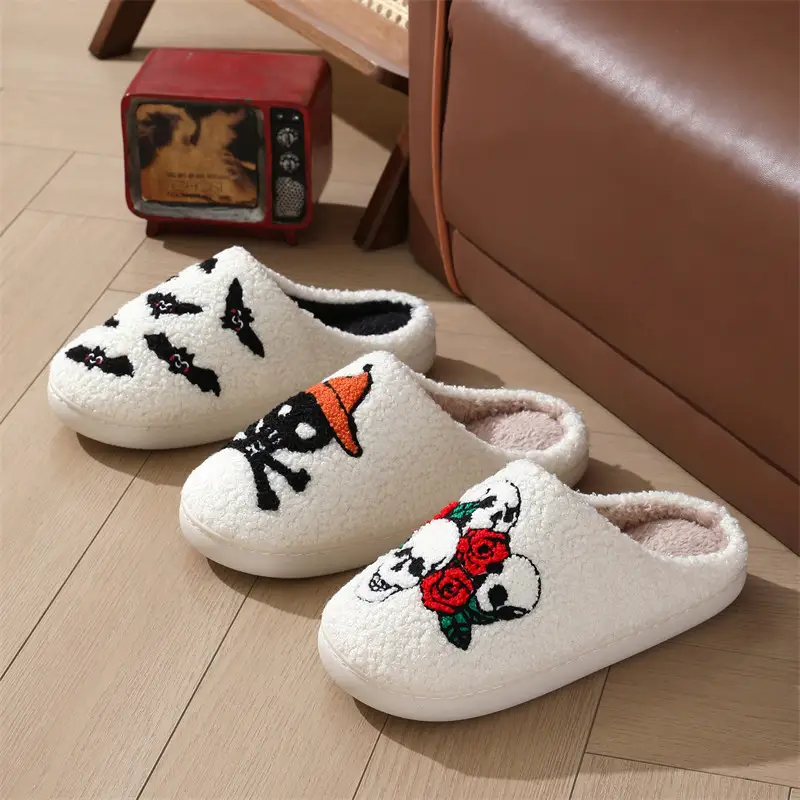 Halloween Plush Slippers with Skull and Bat Designs