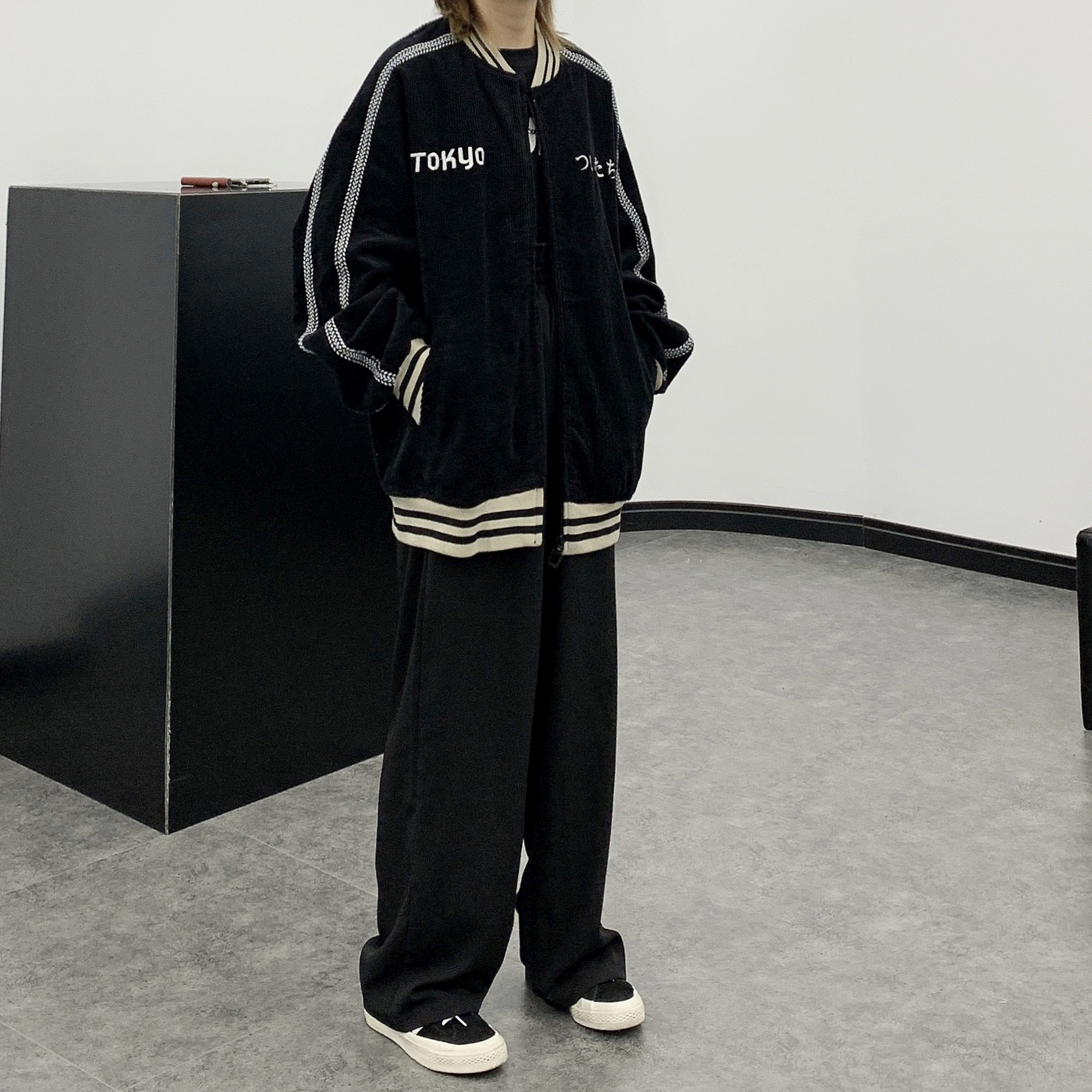 Hong Kong Style Couple Baseball Uniform Cardigan Loose Embroidery Black