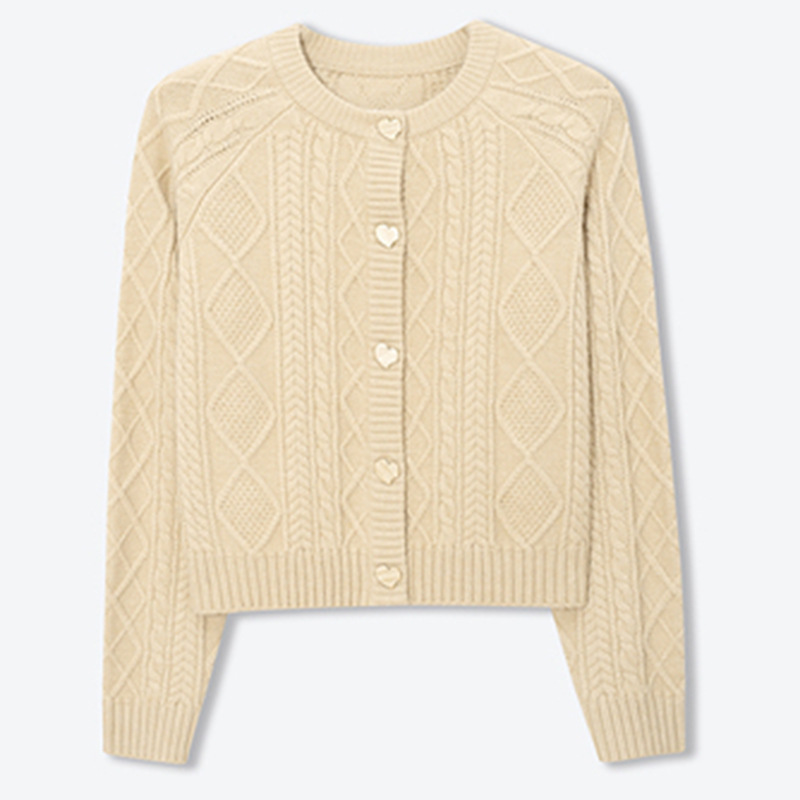 Spring New Knitted Cardigan Women's Round Neck Loose Cable Sweater Coat