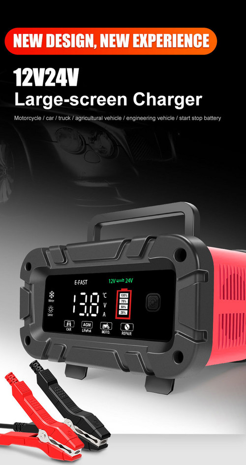 12v&20A 24v&10A Smart Battery Charger Lifepo4 Lead-Acid Agm&Gel Trickle Charger Battery Maintainer For AGM Lithium Motorcycle Boat Caravan Batteries 19x12.5x9.5cm Red