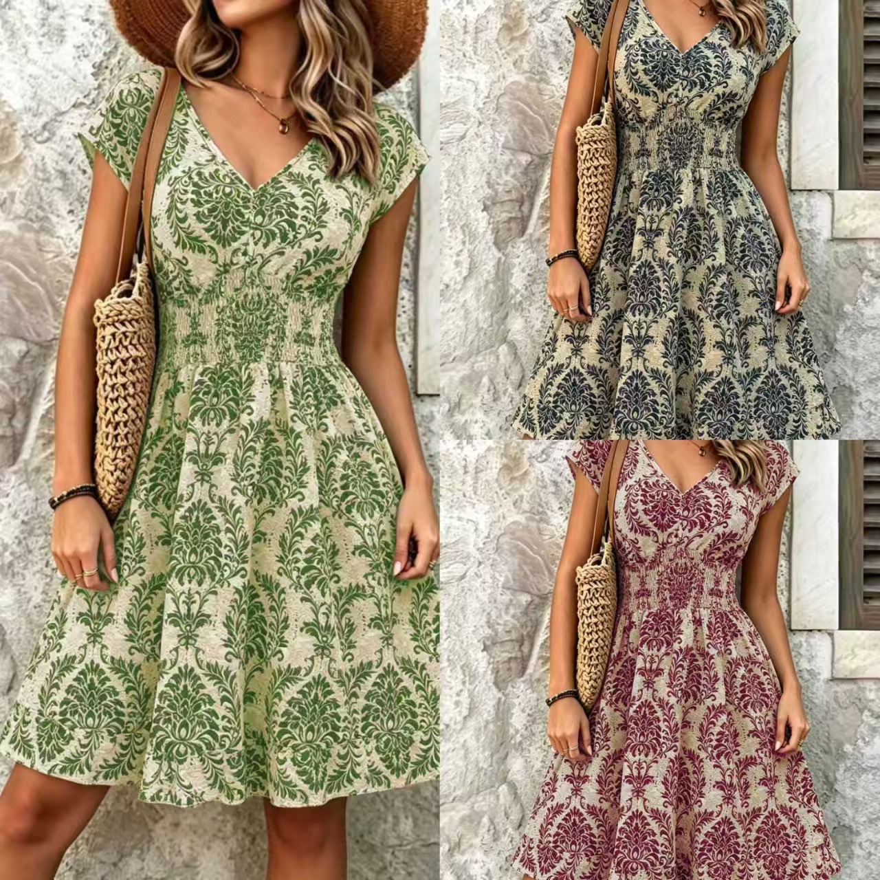 Women Vintage Damask Floral Mini Dress, V Neck Cap Sleeve Smocked Waist A Line Flowy Short Dress, Casual Summer Beach Swing Dress