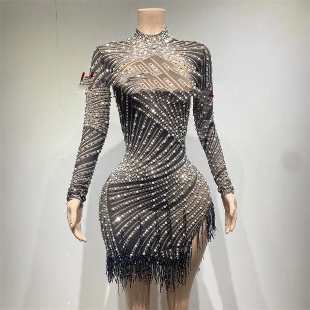 Tassel Dress Birthday Party Long Sleeve Ironing Transparent Black Black Tassels - Shop at LoveMi