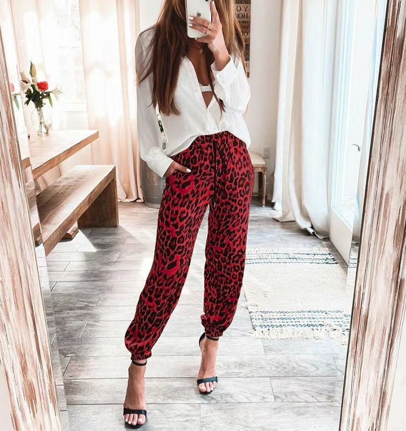 New Leopard Print Elastic Waist Casual Trousers Women Leopard - Shop at LoveMi
