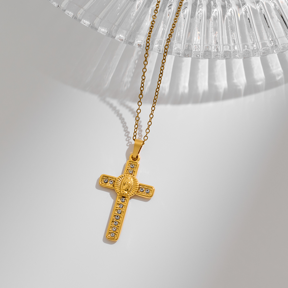 Stainless Steel Cross Pendant Necklace With Rhinestone Inlay