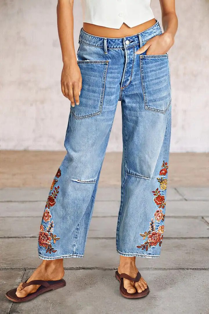 Jeans brodés à fleurs Femme Bleu clair Pantalon en jean large Vintage Casual USA Stock Entrepôt