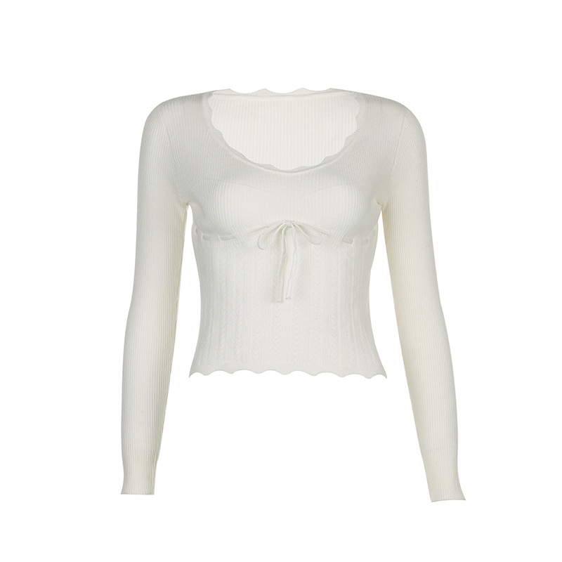 Bow Tie And Hook Flower Woolen Top White - Shop at LoveMi