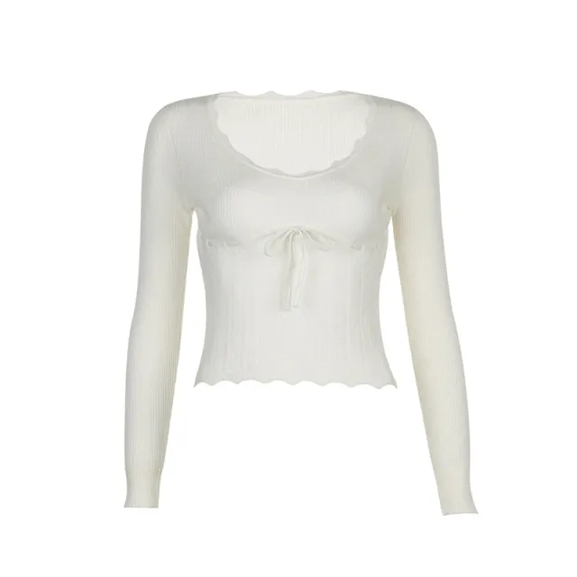 Bow Tie And Hook Flower Woolen Top White - Shop at LoveMi