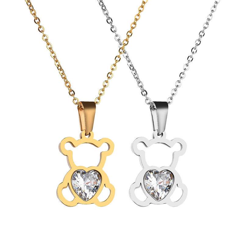 Women's Cute Simple Hollow-out Big Loving Heart Zircon Bear Necklace