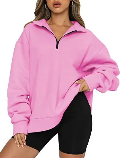 Women Sweatshirts Zip Turndown Collar Loose Casual Tops Clothes Pink - Shop at LoveMi