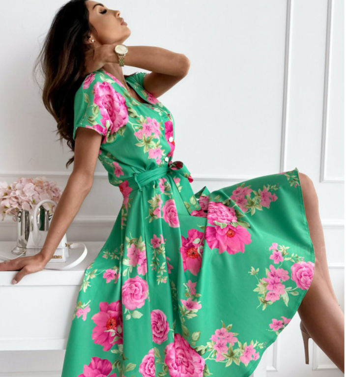 V-neck Lace-up Printed Dress