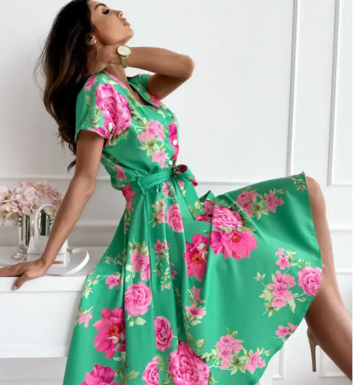 V-neck Lace-up Printed Dress