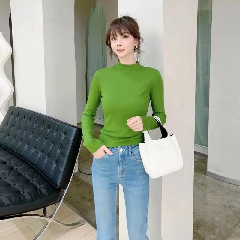 Stand Collar Slim Long Sleeve With Sanding And Cashmere T shirt Inside Grass Green - Shop at LoveMi