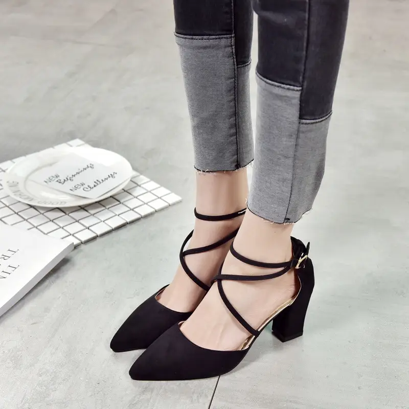 Pointed Suede High-heeled Shoes With A Buckle And Lace-up