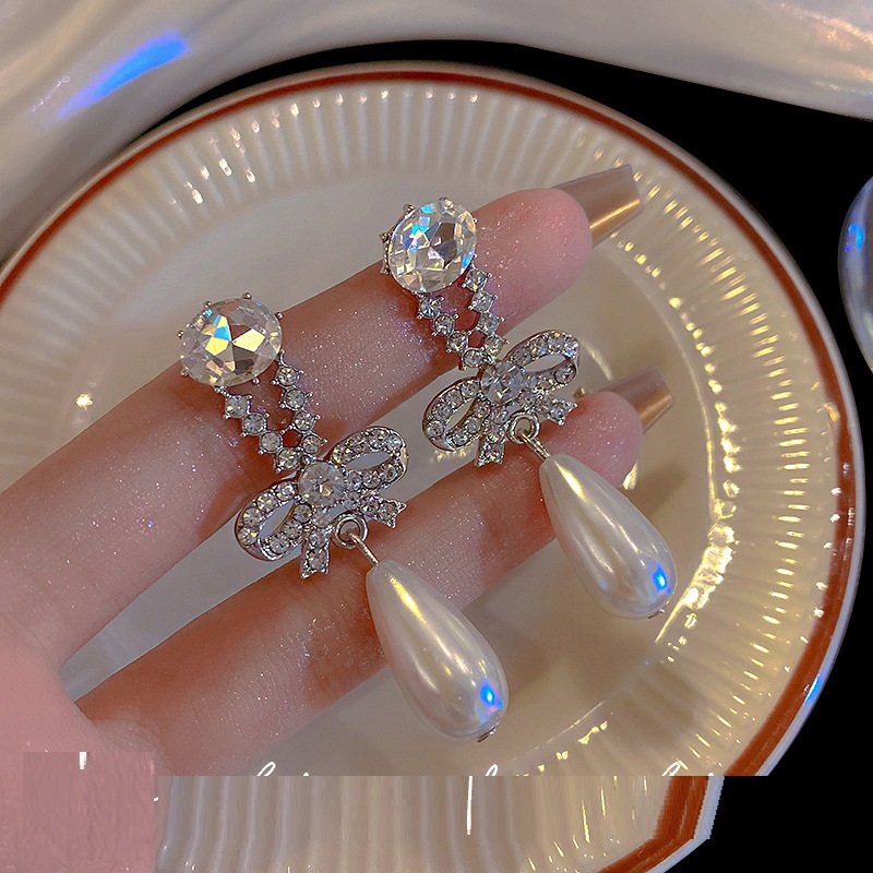 S925 Silver Needle With Diamond Bow Pearl Tower Earrings Female