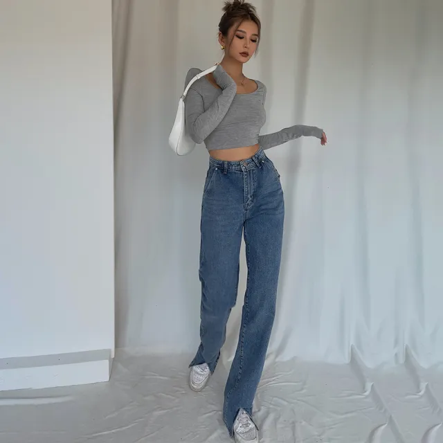 Handsome Cool Stylish Front Slit High Waist Jeans Mop Dark Blue - Shop at LoveMi