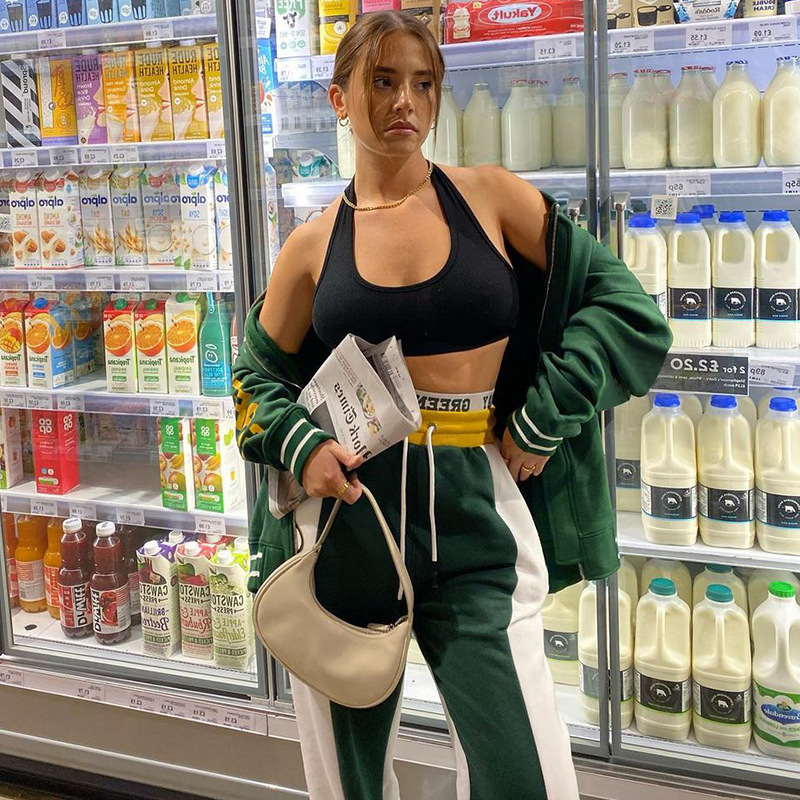 Letter Print Hit Color Baseball Uniform Long Coat Women