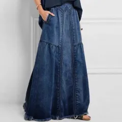 Plus Size Denim Skirt With Elastic Waist - Dark Blue - View 1