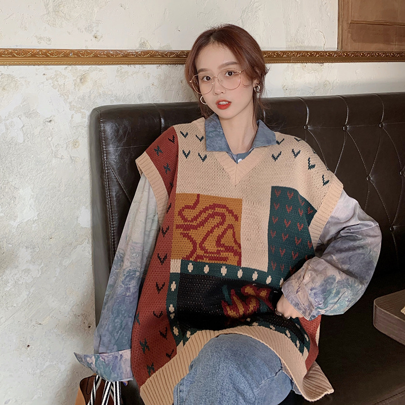 Women's Retro Contrast Color Loose Mid-length V-neck Sweater Vest