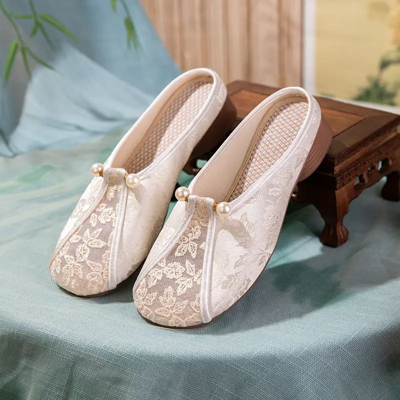 Embroidered Mesh Mule Slippers - Pearl Tassel Summer Breathable Cloth Shoes, Elegant Low-Heel Women S Shoes