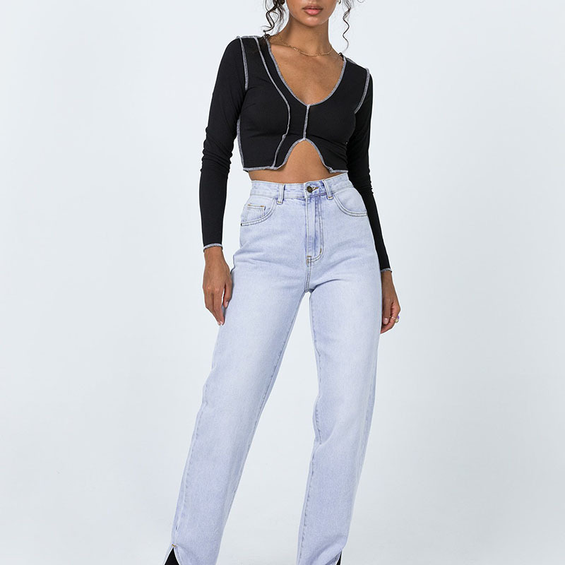 V-neck Slits Hit Color Stitching Long Sleeves Short