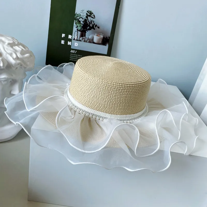Lolita Style Flat Top Hat Women Summer Sunscreen Straw Hat - Apricot