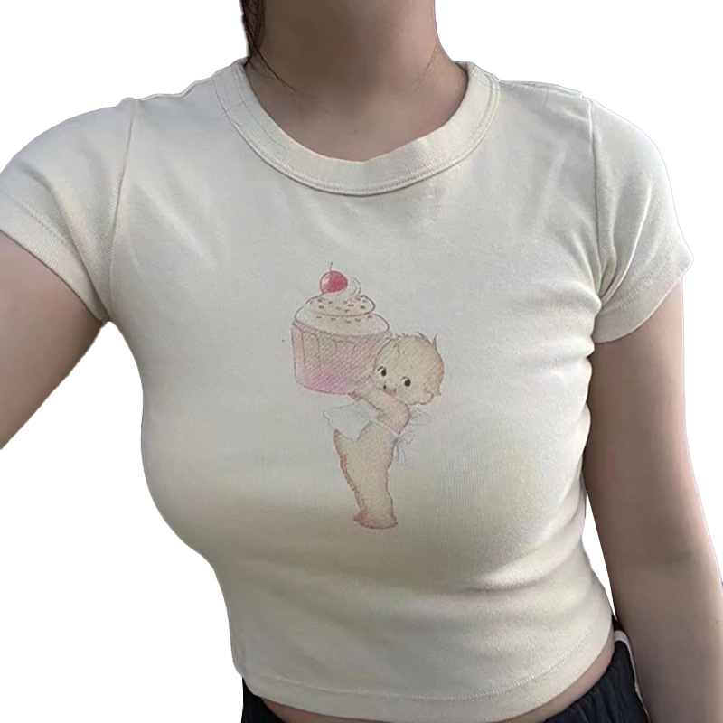 Cake Angel Cotton American High Waist Thread Lace Slim Tank Top Short Sleeve