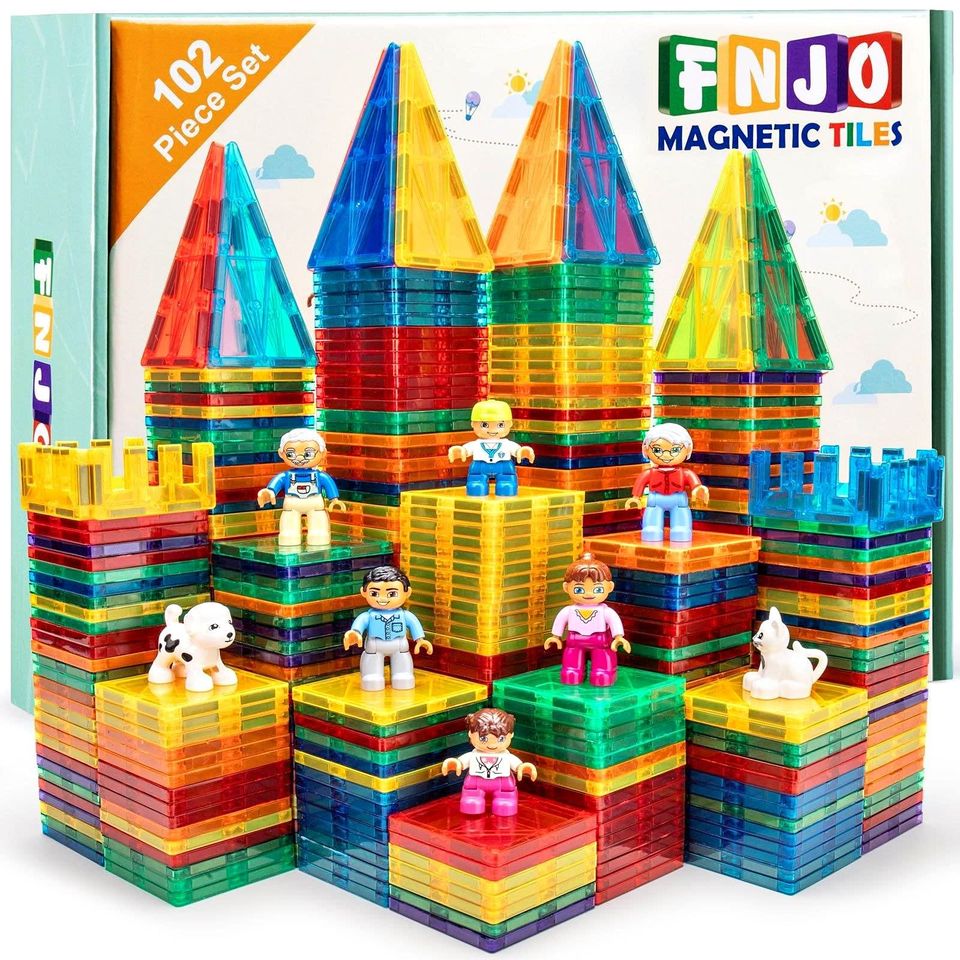 Magnetic Building Blocks Set for Kids. Larger magnetic tiles set, 102PCS in total（all basic shapes and colors, no cars）with an idea book. compatible with most of the magnetic building tiles on the market. The magnet tiles set is made of high quality ABS p