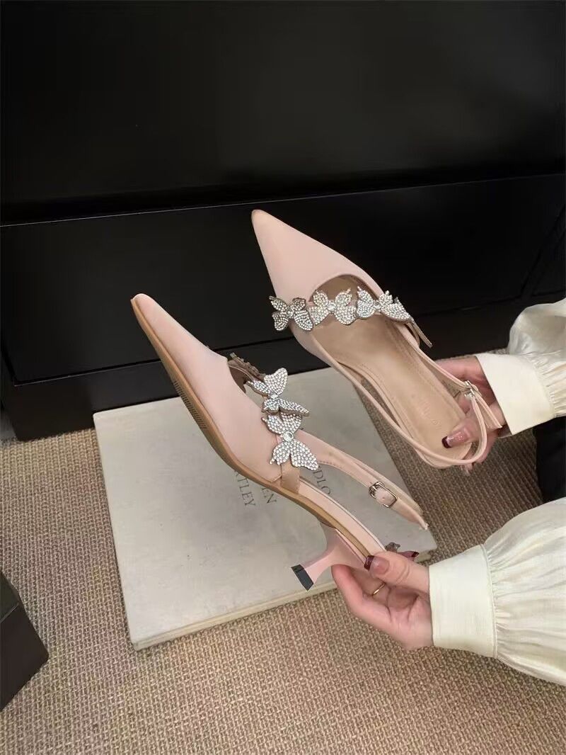 Women Elegant Butterfly Rhinestone Pointed Toe Back Cutout Ankle Sandals, Summer Luxury Stiletto Heel Commuter Shoes product image