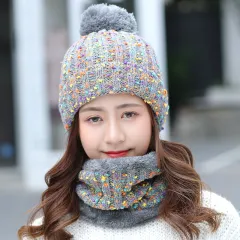 Ladies Winter Sweet And Cute Scarf Suit Knitted Hat - Grey - View 1