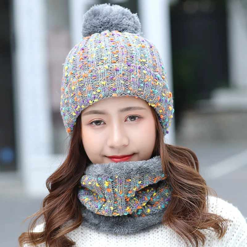 Ladies Winter Sweet And Cute Scarf Suit Knitted Hat - Grey