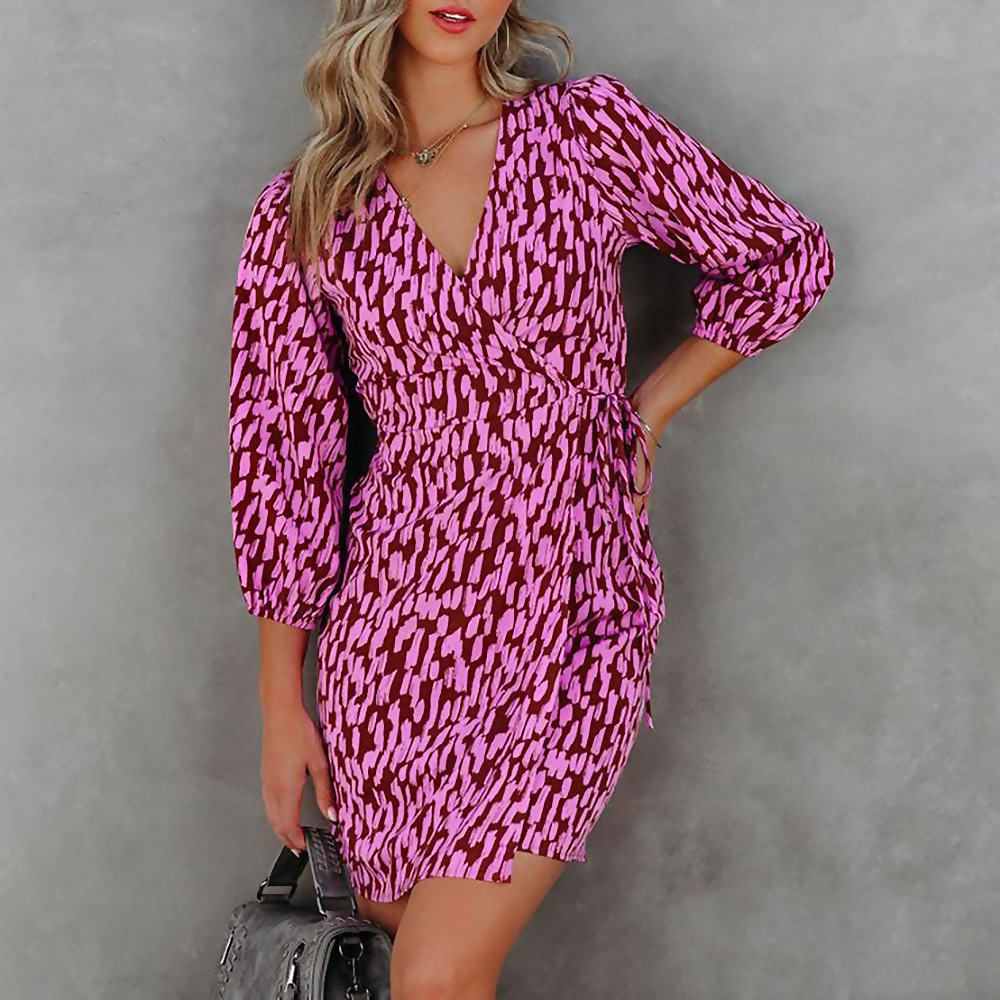 Printed V-neck Nine-Sleeve Lace-up Casual Dress