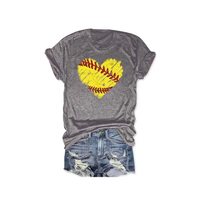 Women's Round Neck Yellow Heart Baseball Print Short Sleeve T Shirt Sporty Casual Summer Top Gray - Shop at LoveMi