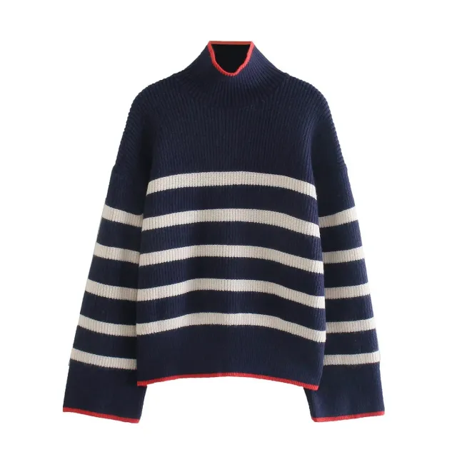 Women's High Neck Striped Contrast Sweater Blue - Shop at LoveMi