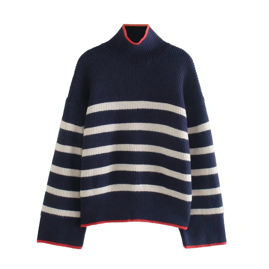 Women's High Neck Striped Contrast Sweater - Blue