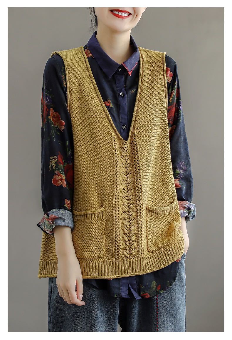 Style Literary Loose Curled V-neck Sleeveless Waistcoat Women