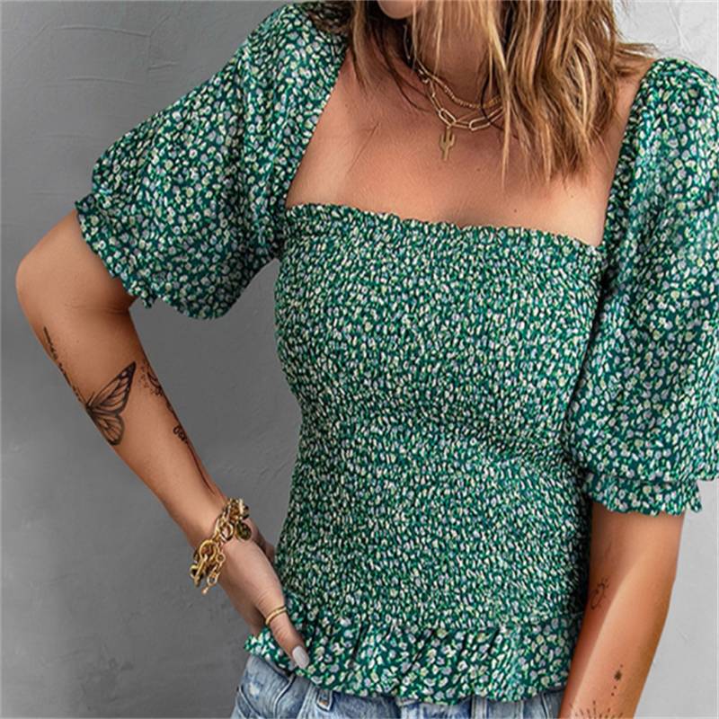 European And American Tops Women's Pullover Floral Square Collar Slim Short-sleeved T-shirt