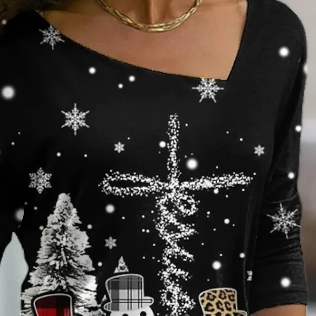 New Christmas Elements Printed Long sleeved Diagonal Collar Pullover T shirt For Women Black - Shop at LoveMi