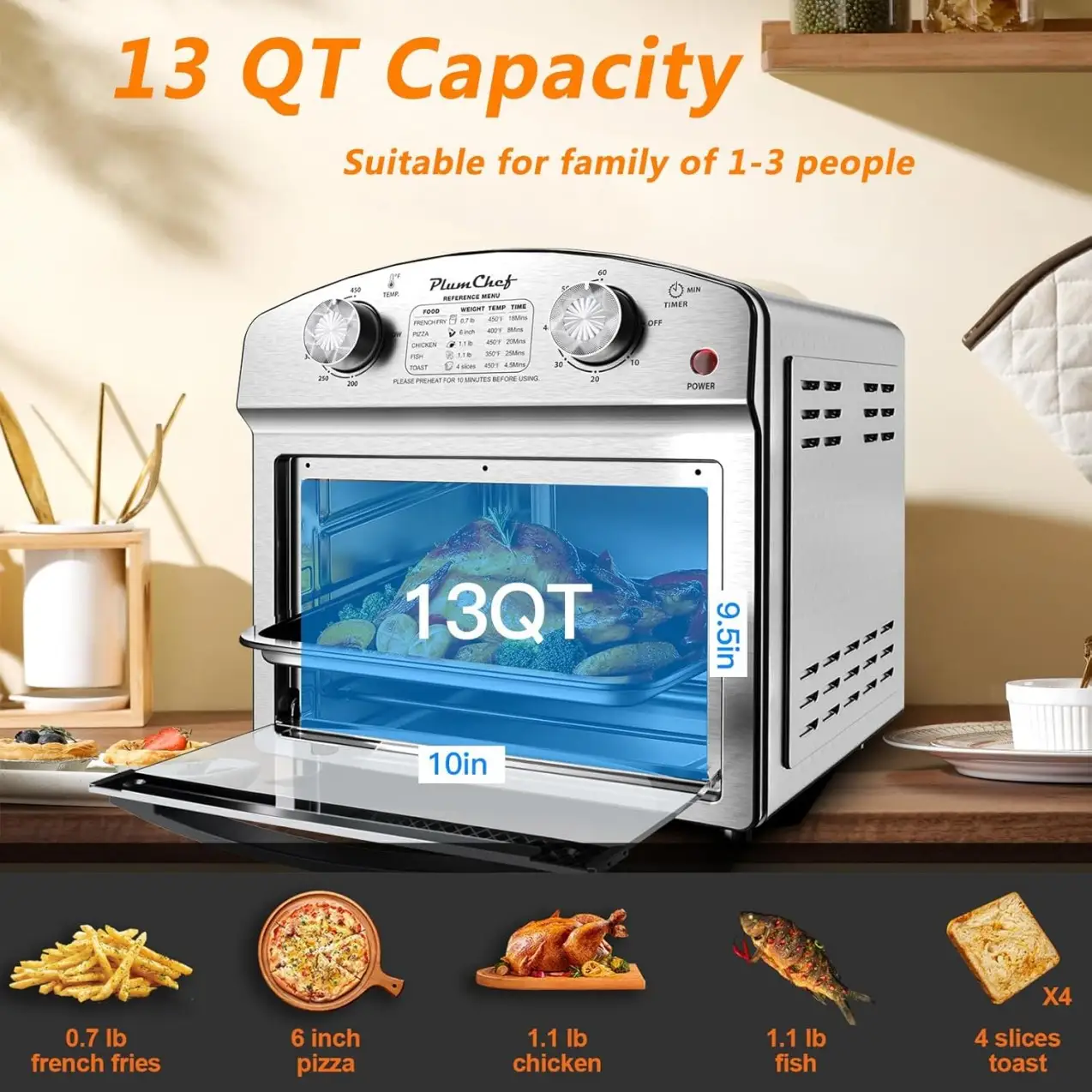 Stainless Steel 12.5 Qt Air Fryer, Dual Knob Control, 60-Min Timer, Presets For French Fries, Pizza, Chicken, Fish, And Toast Sleek Design, Healthy Cookie, Amaz