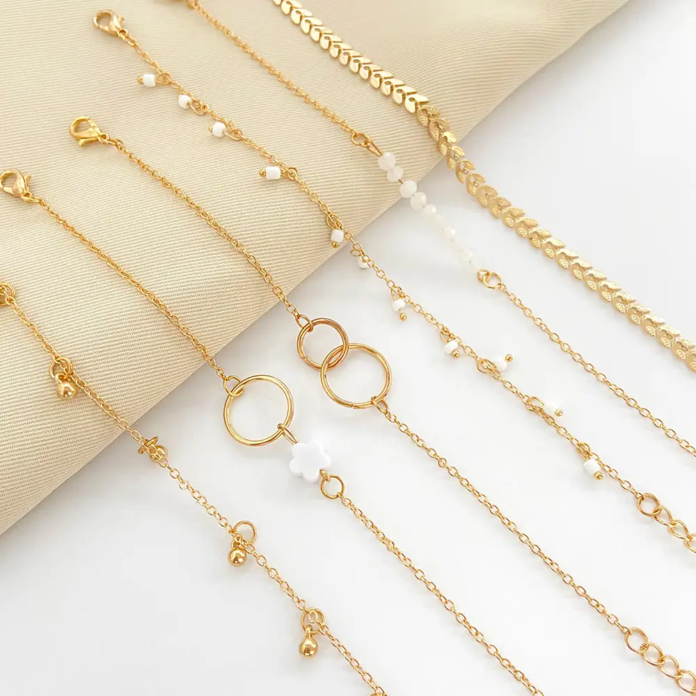 Simple Geometric Flower Tassel Leaves Circle Bracelet Set