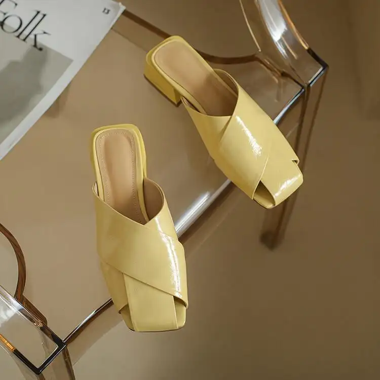 Outer Wear Muller Women's Sandals And Half Slippers With Low Heels Green Lemon Yellow White