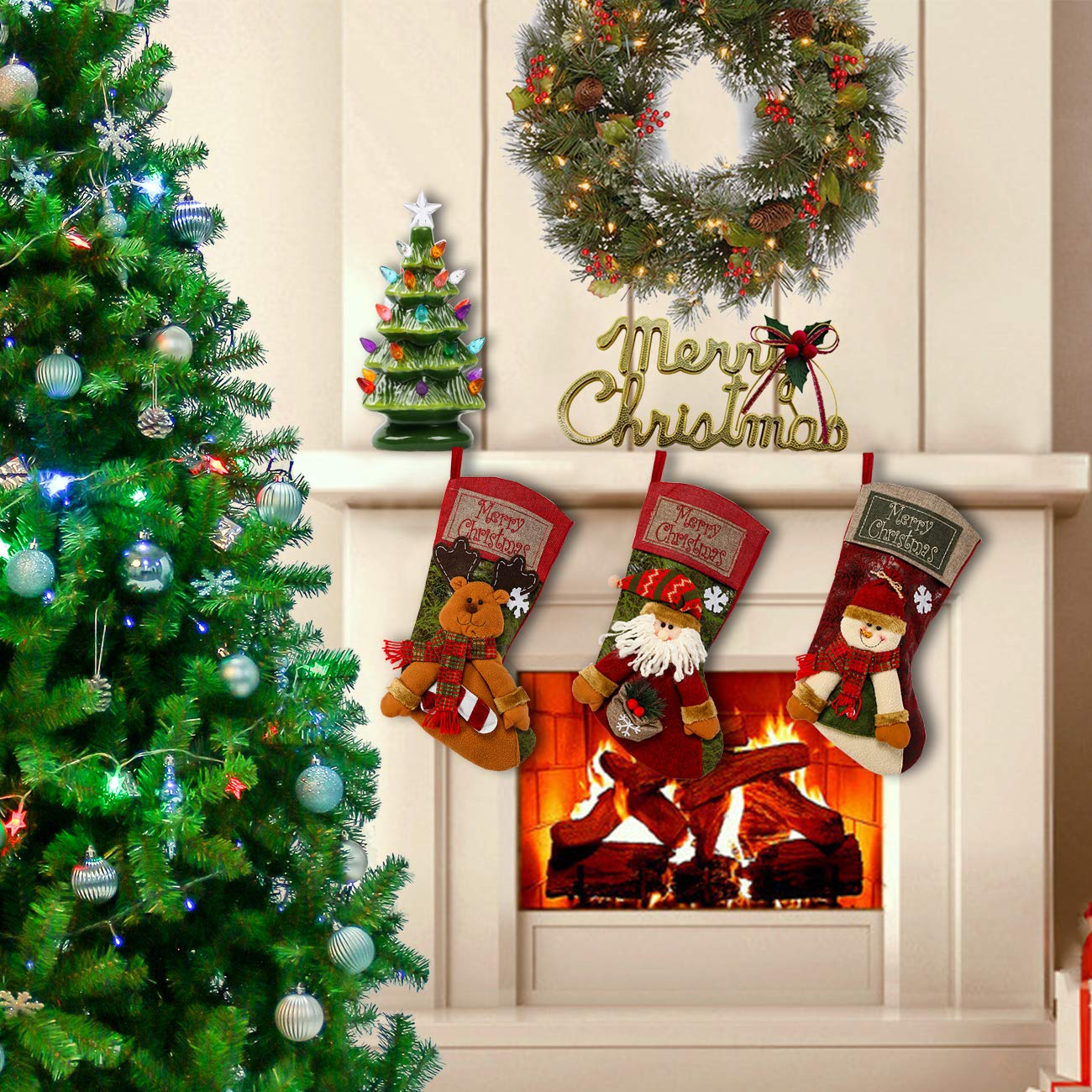 Sunnyglade 3PCS 18Christmas Stocking Classic Large Stockings Santa, Snowman, Reindeer Xmas Character For Family Holiday Christmas Party Decorations