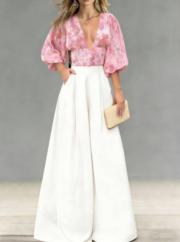 V-neck Puff Sleeve Top Wide-leg Pants Two-piece Set