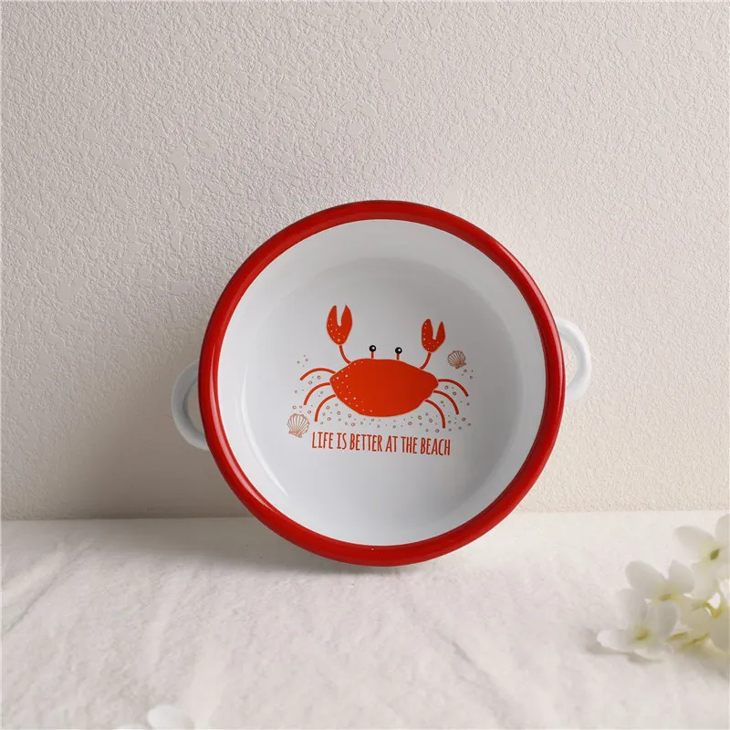 Thicken Colored Double Ear Enamel Bowl Tableware - Red Crab