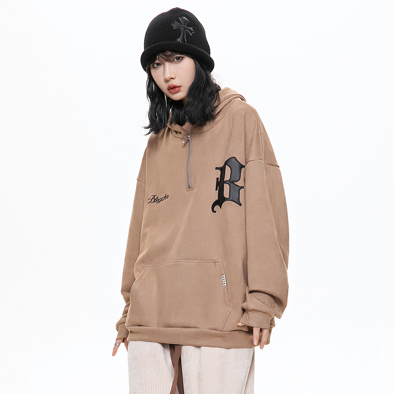 Chaopai High Street Suede Embroidery Half Zipper Bodysuit