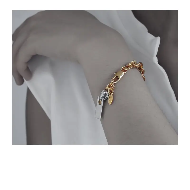 Fashionable Niche Texture Zipper Design Gold And Silver Contrast Color Bracelet
