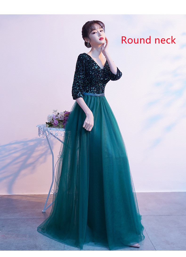V-Neck Seven-Point Sleeve Evening Dress